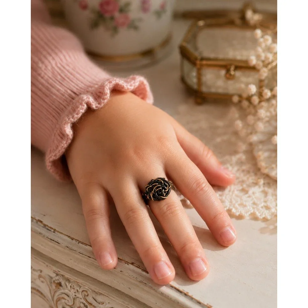 Black Wire Wrapped Rose Ring, Gothic Floral Jewelry, Boho Artisan Ring, Size 3